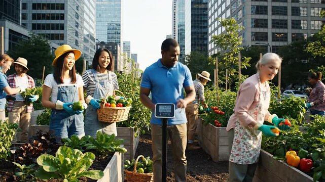 Diverse people gardening in urban community garden beds