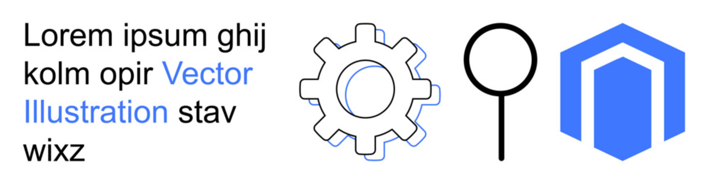 Technology, innovation, analysis, process optimization, digital solutions, branding. A gear, magnifying glass and hexagon logo in a minimalistic style. Innovation and analysis concepts
