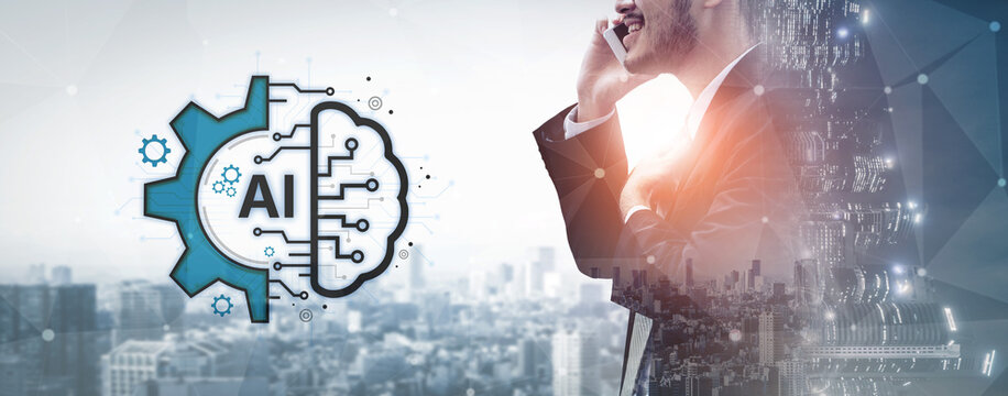 Concept of Artificial Intelligence combining industrial automation with cognitive technology. A machine learning brain processes information to optimize mechanical systems and workflows. Fermion