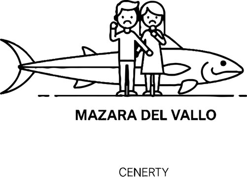Illustration of couple with large fish in Mazara del Vallo