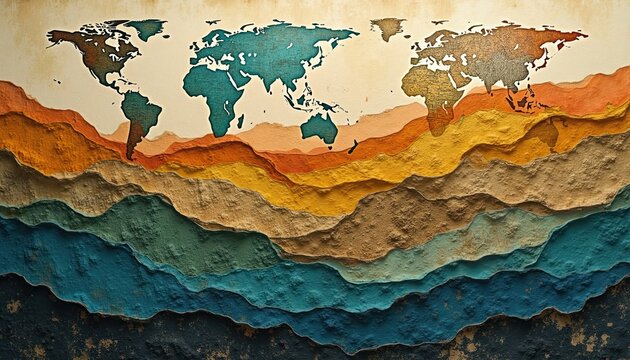 World map abstract art with layered earth tones. Global business concepts shown by textured continents above mountain like strata, symbolizing economy growth.
