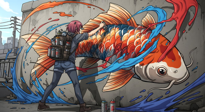 Graffiti artist painting large colorful koi.