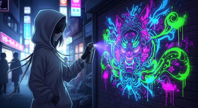 Graffiti artist spraying colorful street art.
