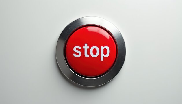 Red circular emergency stop button with metallic rim. Instant stop control for urgent situations and machine safety. Manual switch for immediate power disablement and hazard prevention.