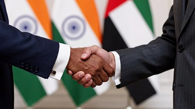 Business handshake between two men in suits with Indian and Palestinian flags