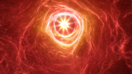 Fototapeta premium Red electric vortex portal with intense glowing center, abstract energy field in wireframe grid network, futuristic sci-fi background