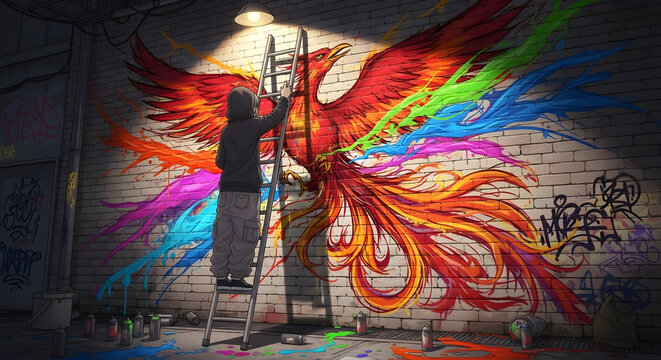 Man painting colorful phoenix mural wall.