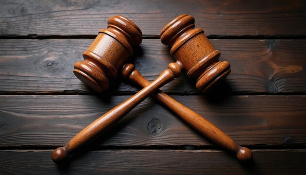 Two wooden gavels crossed on dark plank surface. Symbol of law, justice and legal decision. Represents authority power and judgment in courtroom or arbitration.