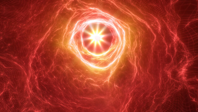 Red electric vortex portal with intense glowing center, abstract energy field in wireframe grid network, futuristic sci-fi background