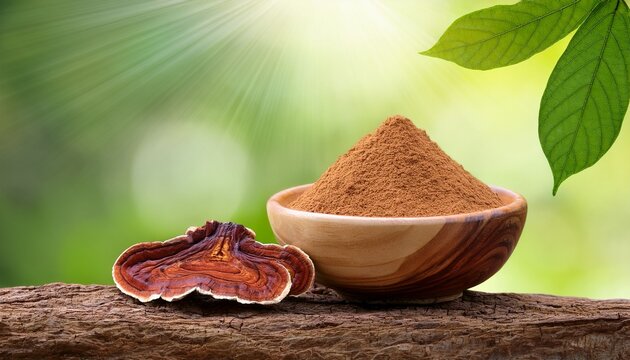 lingzhi or reishi mushroom slices and powder on natural background