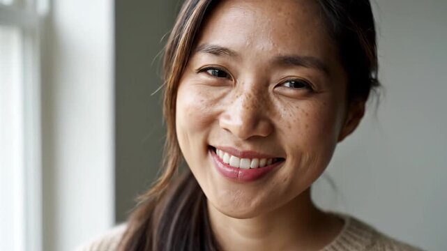 Smiling young Asian woman with freckles by window