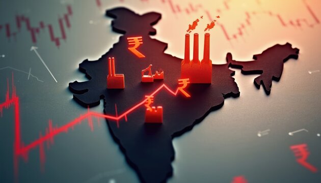 Indian map shows falling economy with factories and rupee symbols. Red graph indicates financial crisis and business downturn, industrial production decline.