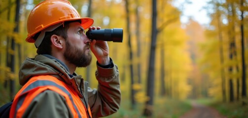 Obraz premium Man in orange hard hat and vest looks through binoculars in autumn forest. Forester surveys woodland area, monitors tree health and wildlife. Ecological research outdoors, nature conservation work.