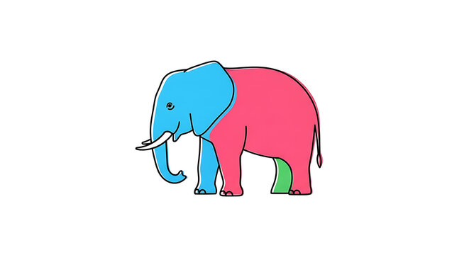 Blue and red elephant with large ears and tusks, cartoon style