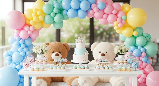 Cute Teddy Bear Party Decorations with Colorful Balloon Arch for Celebration.