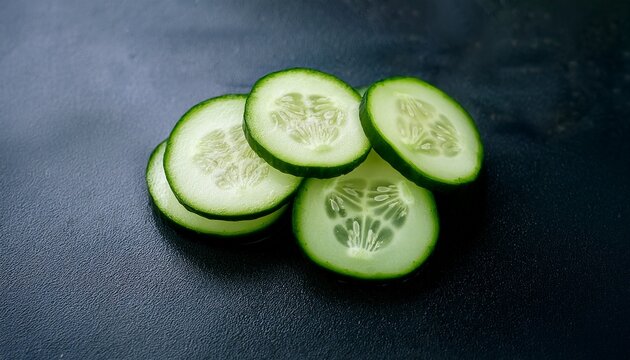 vibrant green english cucumber slices on a solid dark field