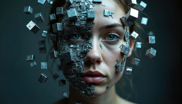 Woman face fragmented with metallic cubes. Digital elements overlay human identity. Abstract art shows data transformation and perception shift. Futuristic concept explores mind and machine blend.
