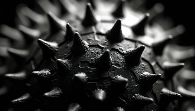 Black textured sphere with sharp spikes and hexagonal pattern. Dramatic lighting and shadows create an abstract, edgy, and modern look. A detailed close-up of a futuristic object surface.