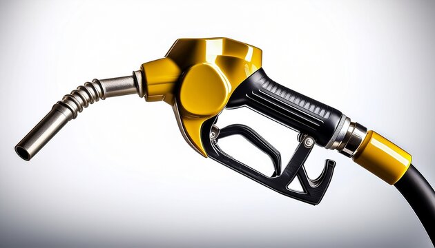fuel nozzle for dispensing gasoline featuring yellow handle and metallic spout ideal for fueling vehicles