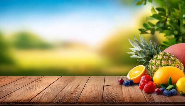 fruits display on the wooden table with blur background blurred summer background free space