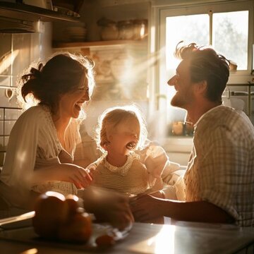 happy authentic family laughing in a sunny kitchen, soft natural light, documentary photography, award winning portrait, realistic skin texture