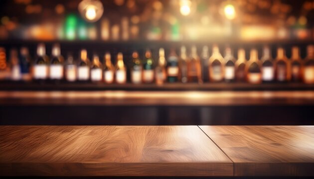 empty the top of the wooden table with blurred counter bar and bottles background generative ai
