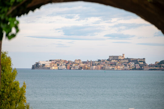 View on Gaeta historical city across sea bay from Formia, Lazio, Italy, italian travel destination