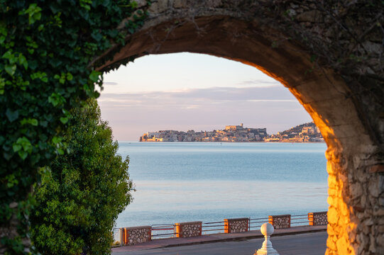 View on Gaeta historical city across sea bay from Formia, Lazio, Italy, italian travel destination