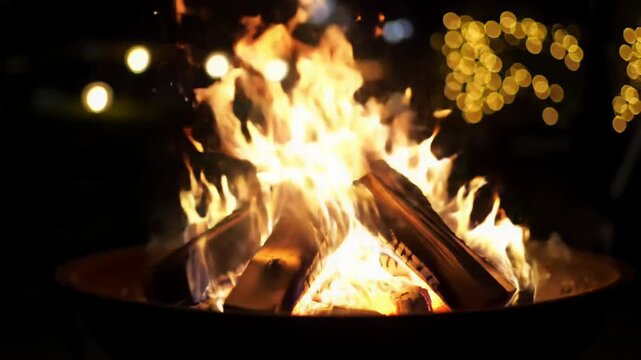 Tight close-up video of vibrant orange and crimson bonfire flames dancing over charring logs in a dark fire pit, with warm golden bokeh. Cozy hygge atmosphere