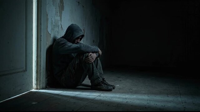lonely homeless man sitting in dark alleyway, sadness and despair