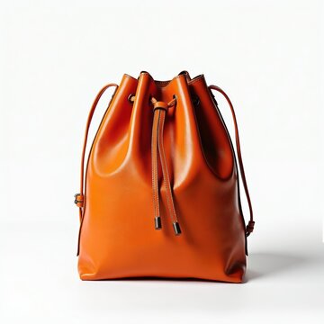 Orange leather drawstring bag rests on white surface. This accessory is perfect for travel, sports, or everyday use. Its simple design fits various styles. Useful for packing or carrying items.
