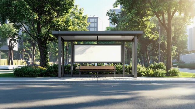 Empty modern bus stop shelter with blank advertising billboard in sunny urban park environment