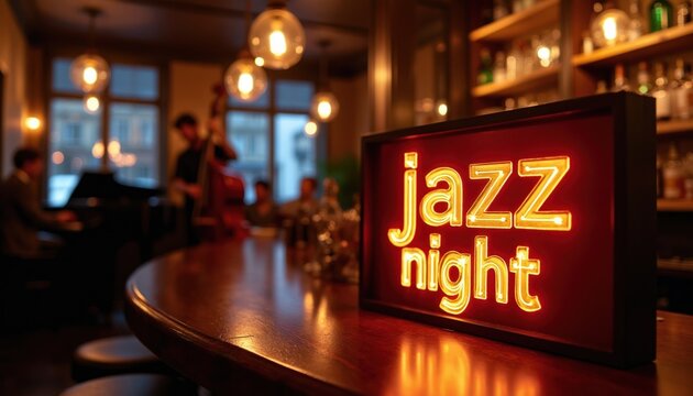 Neon sign reads jazz night in a dim bar. Musicians play piano and double bass. People enjoy live music performance in cozy atmosphere, bar shelves with drinks in background.