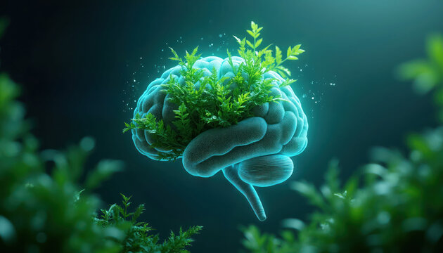 Human brain with growing green plants symbolizing mental health and cognitive development. Conceptual idea for mind clarity and wellness. Nourishment for thoughts and ideas.