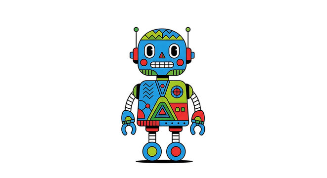 Cartoon robot with colorful buttons and geometric shapes