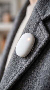 Minimalist screenless wearable smart pin on wool coat lapel