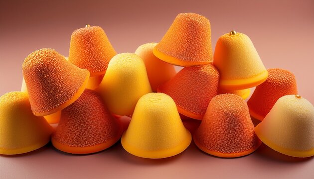 a cluster of stylized orange and yellow dessert like objects one sliced with granular toppings