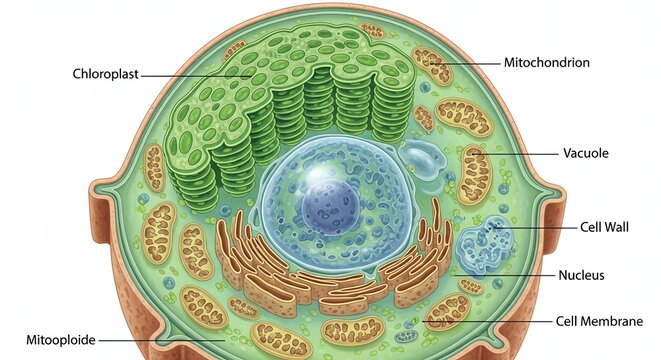 Detailed Illustration of a Plant Cell Showing Organelles and Structures.
