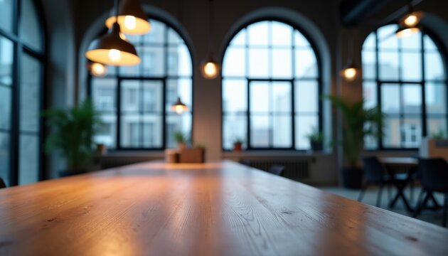Empty modern office with arched windows and wood table. Industrial style interior with metal frames and hanging lights. Plants add green color to workspace design. Meeting room setup.