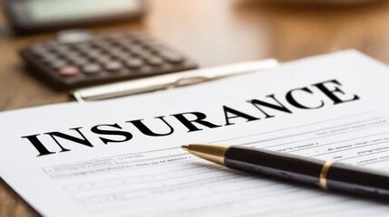 Fototapeta premium Insurance Document Close-Up with Calculator and Pen on Wooden Table for Financial Planning and Risk Management Context