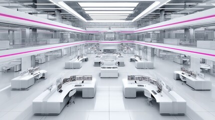 Obraz premium Modern Office Interior with Sleek Desks and Futuristic Design Features for an Innovative Work Environment
