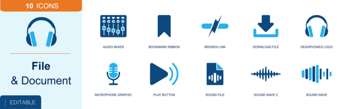 Audio file and document elements icon set. Containing mixer, bookmark, broken link, download, headphones, microphone, play button, sound file, sound wave and more. Solid fill vector icons.