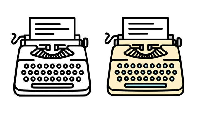 Typewriter icon illustration, in line art and colored design, for coloring page