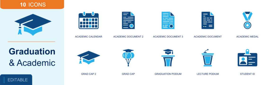 Graduation and academic icon set. Containing academic calendar, document, medal, grad cap, podium, lecture podium, student ID, certificate, diploma and more. Solid fill vector icons.