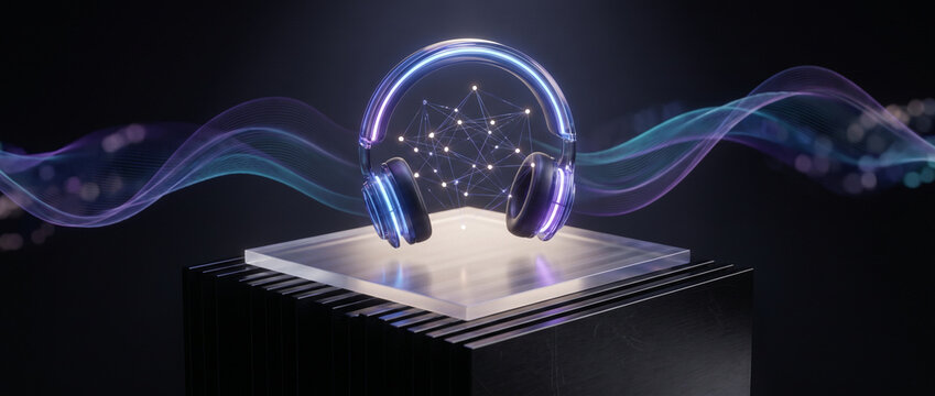 AI Audio Intelligence Concept with Neon Headphones and Glowing Sound Waves