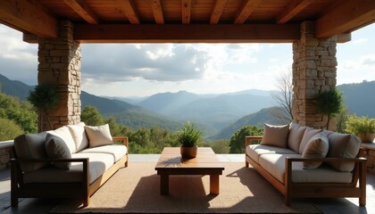 Naklejka premium Modern patio with sofas and coffee table offers valley view from mountain. Stone columns and wooden roof create rustic vibe. Seating area for relaxation and comfort.
