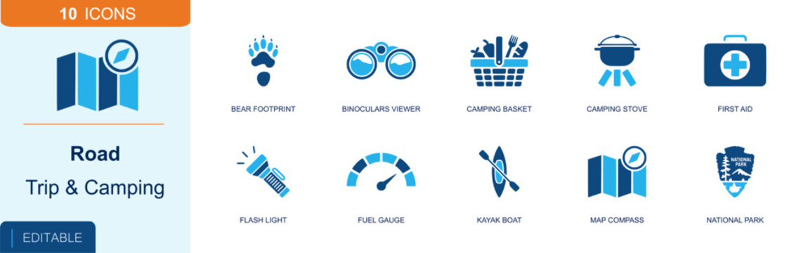 Road trip and camping icon set. Containing bear footprint, binoculars, picnic basket, camping stove, first aid, flashlight, fuel gauge, kayak, map compass and more. Solid fill vector icons.