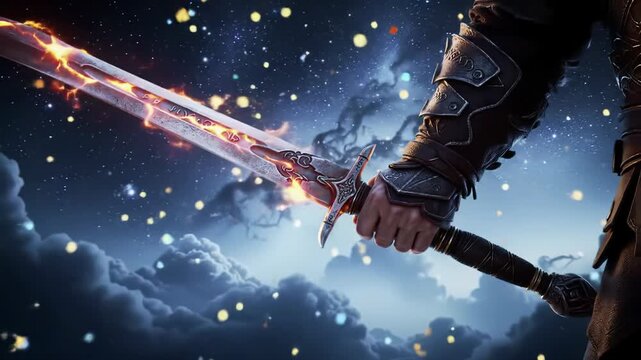 Majestic low angle video, gauntleted hand gripping broadsword with pulsing volcanic orange glow, illuminating iridescent cosmic dust against blurred nebula sky. Epic fantasy concept.