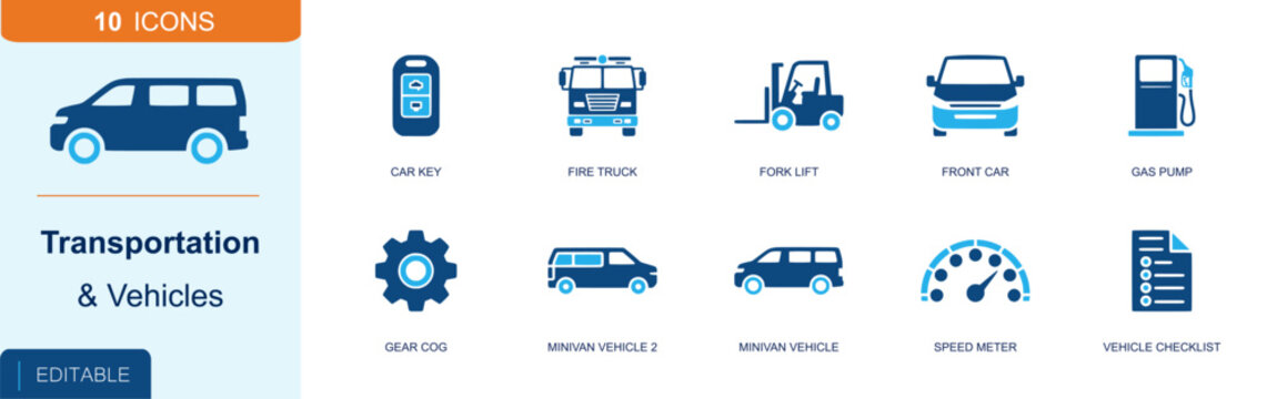 Transportation and vehicle icon set. Containing car key, fire truck, forklift, front car, gas pump, gear cog, minivan, speed meter, vehicle checklist and more. Solid fill vector icons.