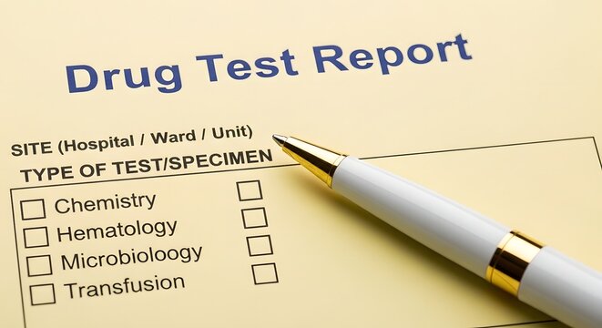 Drug test report form with a pen on yellow paper.
